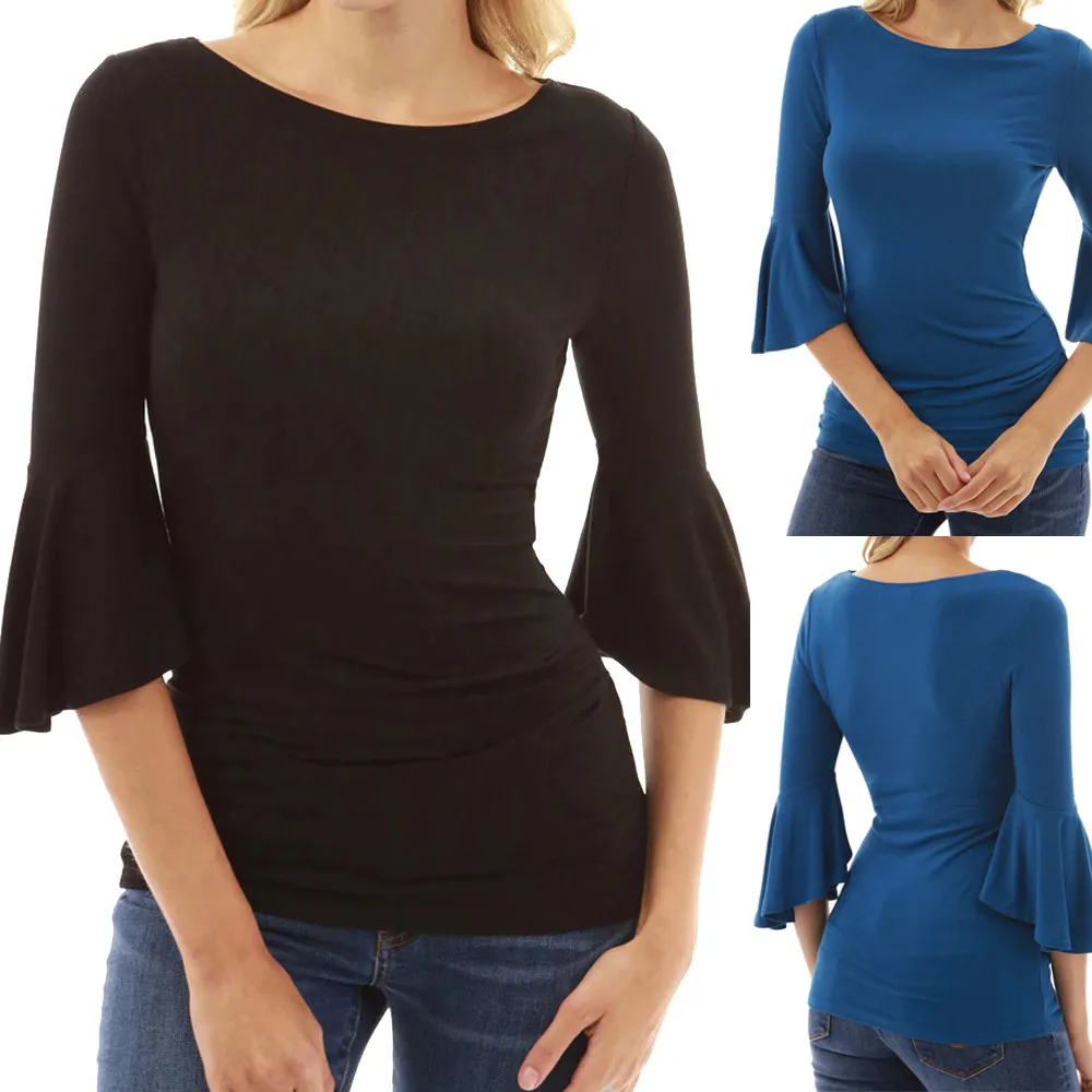 Женский пуловер с круглым вырезом и рукавами-колокольчиками Женские базовые