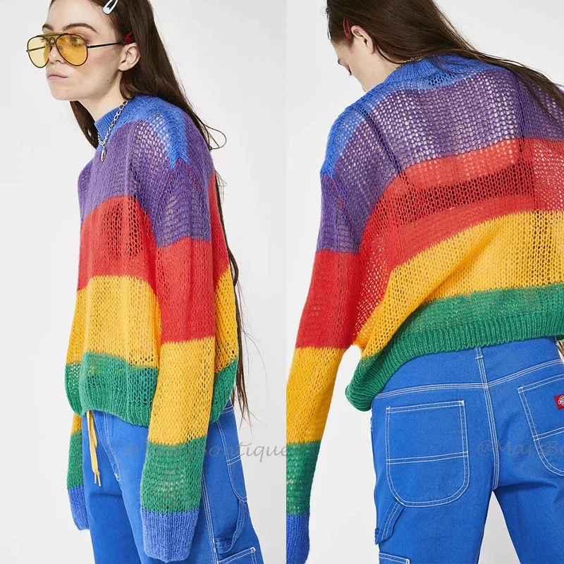 Радужные свободные пуловеры женские свитера Femme красочные полосатый круглый