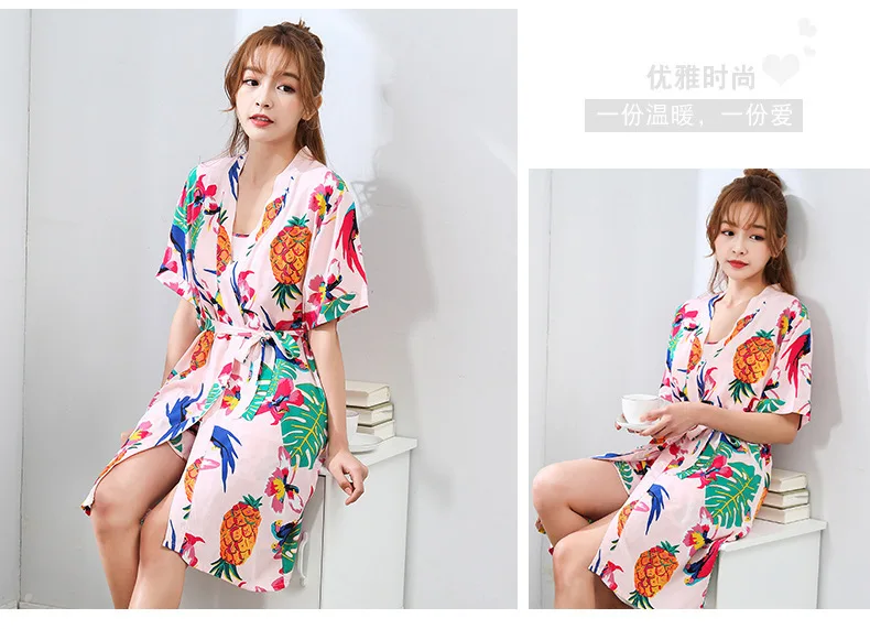 Women's pajamas autumn pure cotton long-sleeved summer sweet sexy suspenders nightgown three-piece suit home clothes flower