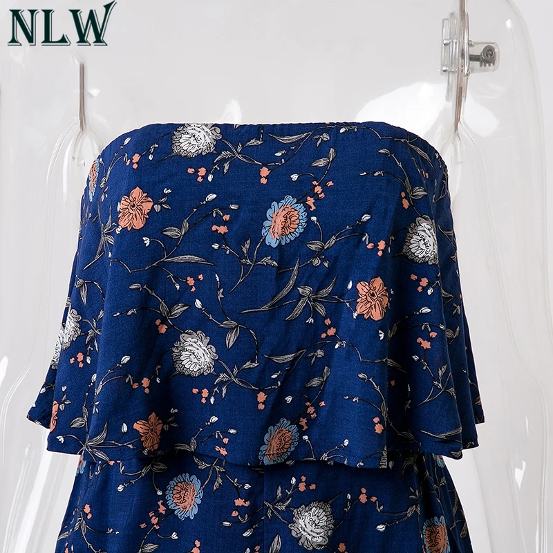 NLW без бретелек Boho печати сексуальный комбинезон с открытой спиной цветок синий
