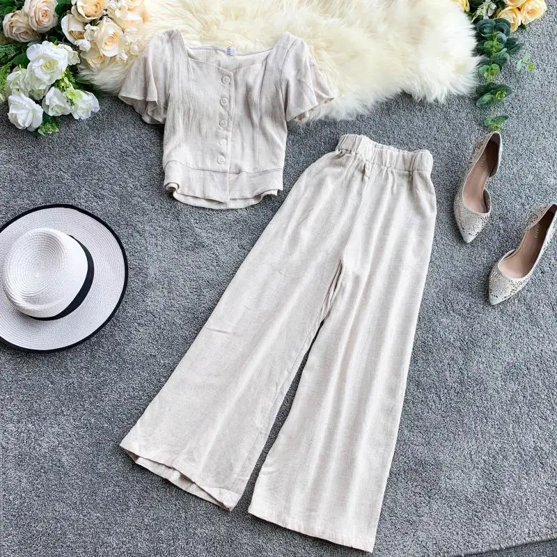 2019 Новый Модный женский комплект из двух предметов однобортный Топ + широкие