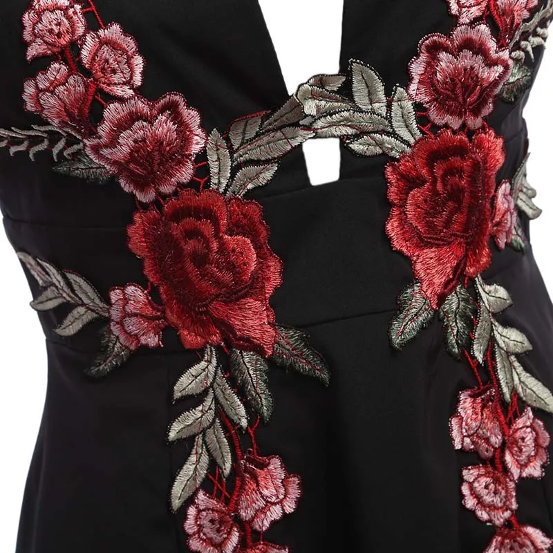 LIVA Summer Women Elegant Sexy Deep V-neck Dress Lady Retro Embroidery Rose Sleeveless Party Black White Mini Dresses | Женская одежда