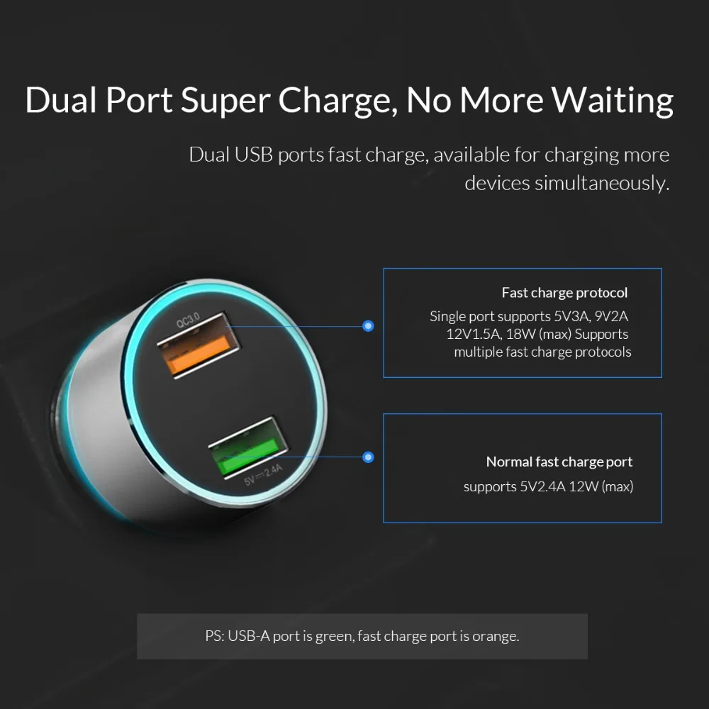 ORICO QC3.0 автомобильное зарядное устройство 30 Вт макс двойной USB Автомобильное зарядное устройство мобильного телефона зарядное устройство для банка питания мобильного телефона планшета gps