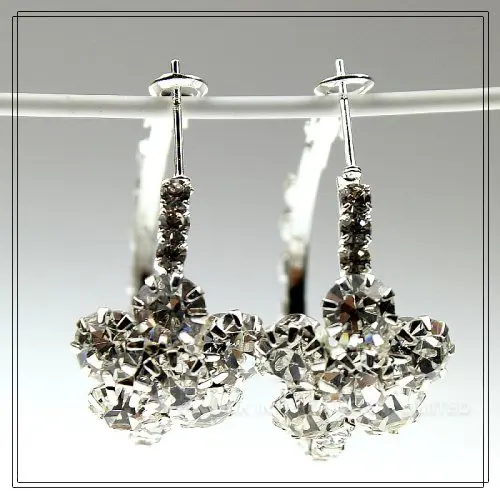 Charming Flat Earrings Silver Plated with Flower & Clear Crystals Round shaped Eardrop Ear pendants Free shipping|earrings usa|earrings factoryplated