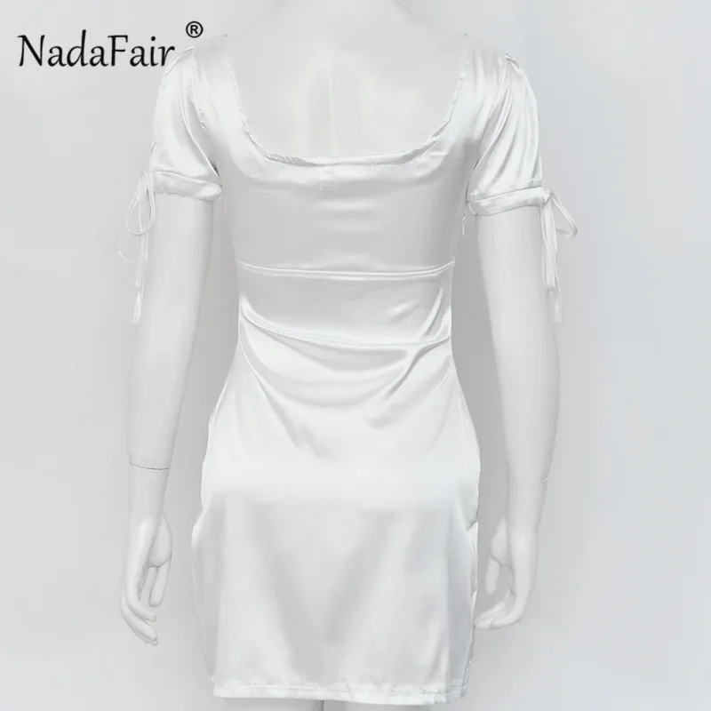 Nadafair, атласное, сексуальное, мини, летнее платье, для женщин, короткий рукав, шелк, вечерние, для клуба, ТРАПЕЦИЕВИДНОЕ ПЛАТЬЕ, с рюшами, квадратный воротник, винтажное, Повседневное платье