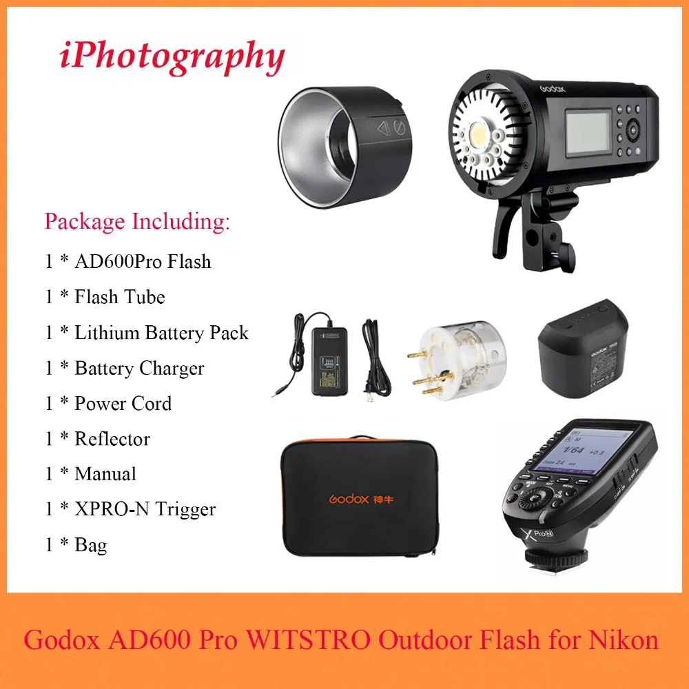 

Вспышка Godox AD600Pro, универсальная, со встроенной беспроводной системой X 2,4G и триггером Xpro-N для Nikon