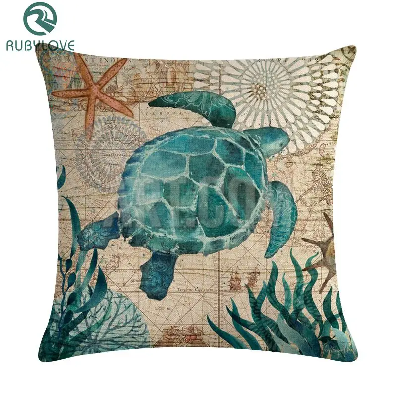 

Bule Marine Turtles Octopus Sea Horse Jellyfish Throw Pillow Case On Couch Ocean Animal Linen Comfortable Cushion Cover