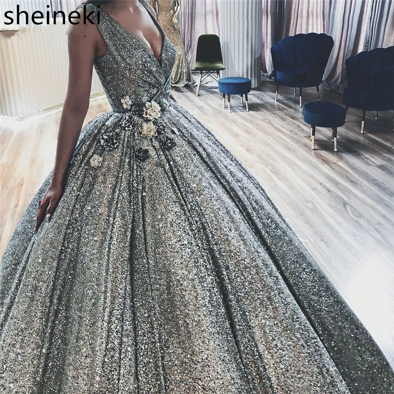 Sparkly African Evening Dresses 2019 Dubai Turkish Arabic V Neck Pageant Dress Glitter Formal Prom Gowns Robe de soiree