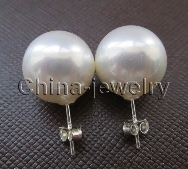 

Beautiful 14mm white perfect round sea shell pearl earring - 925 silver stud^^@^Noble style Natural Fine jewe FREE SHIPPING