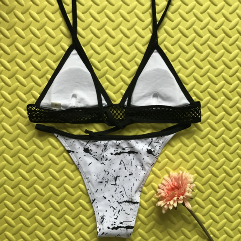 Marble Bikini Fishnet Bathing Suit Micro Mesh Swimsuits G String Bikinis Women Trikinis 2019 Brazilian Thong V Neck Top |