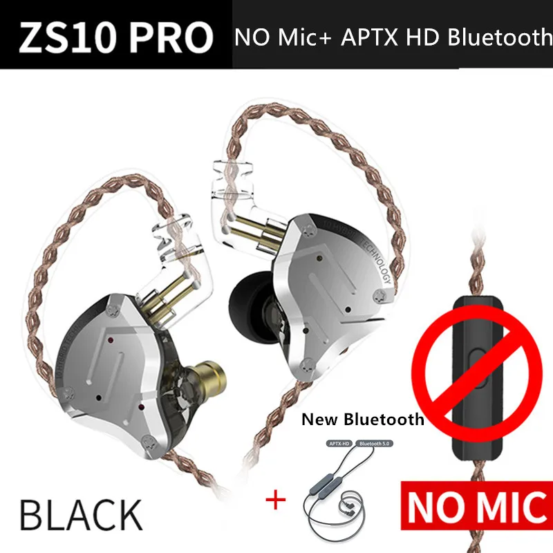 BlackNoMicAptxHD Плотным верхним ворсом KZ ZS10 Pro HDBluetooth вкладыши Наушники Гибридный 4BA+ 1DD HIFI Басс наушники металлические наушники спортивные Шум шумоподавлением гарнитура монитор - Цвет: BlackNoMicAptxHD