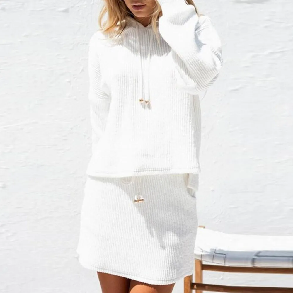 fashion Women Autumn Long Sleeve Solid Hooded Pocket Sweatshirt+mini Skirt Two Pieces Set female suit with skirt | Женская одежда