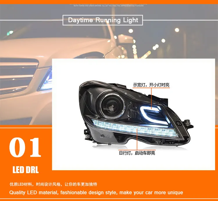 2 шт. светодиодный фары для Benz W204 2011-2013 Автомобильный светодиодный фонарь с двумя ксеноновыми линзами автомобильные аксессуары дневные ходовые огни противотуманные фары