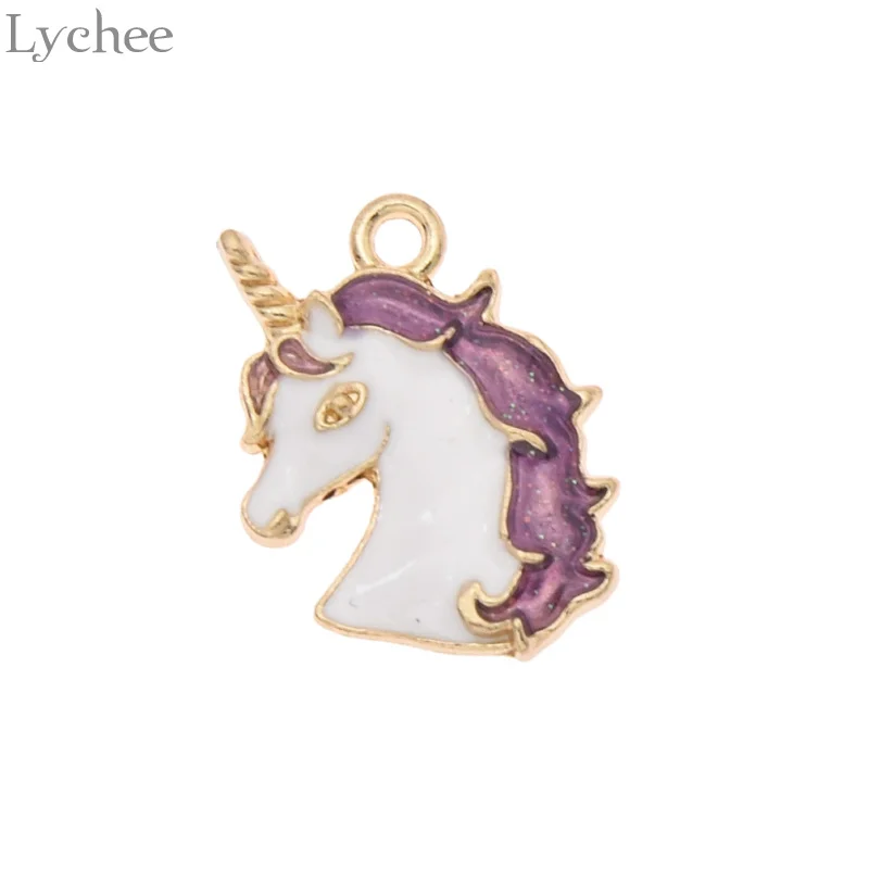 Lychee 5 шт., трендовые эмалированные подвески в форме единорога из сплава в форме животного, подвески для ожерелья, самодельные Украшения, Аксессуары для рукоделия - Окраска металла: Purple