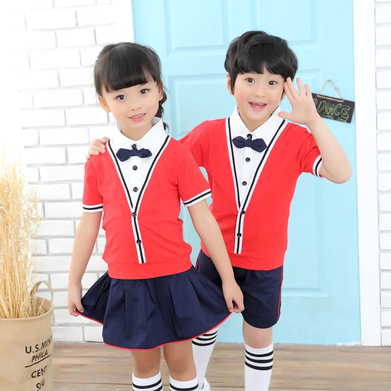 Girls boy Children School Uniform Dresses Kids England Style Short Sleeve Causal Bow Dress Fall Performance #8714 |