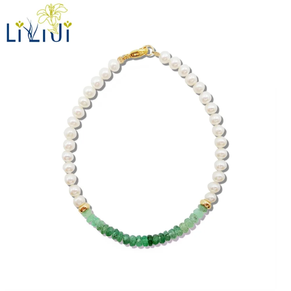 

Lii Ji Natural Emerald,Freshwater Pearl Beads 925 Sterling Silver 18K Gold Plated/9K GF Bracelet