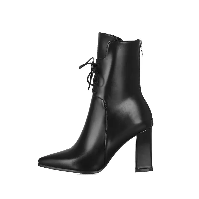 Женские ботильоны на высоком квадратном каблуке шнуровке молнии с острым носком
