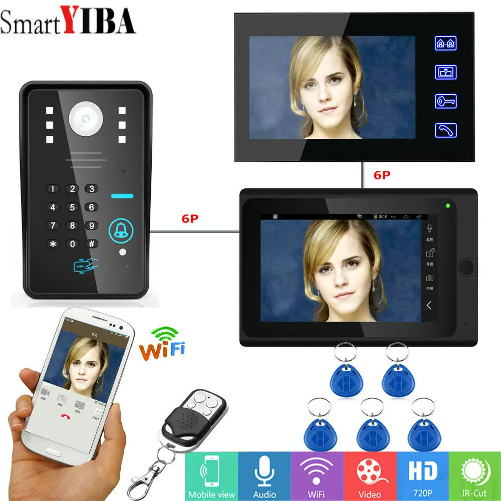 SmartYIBA Video intercom Deurtelefoon Deurbel 2*7 inch Bedraad Wifi RFID Wachtwoord intercom Camera Nachtzicht Remote APP ontgrendeling