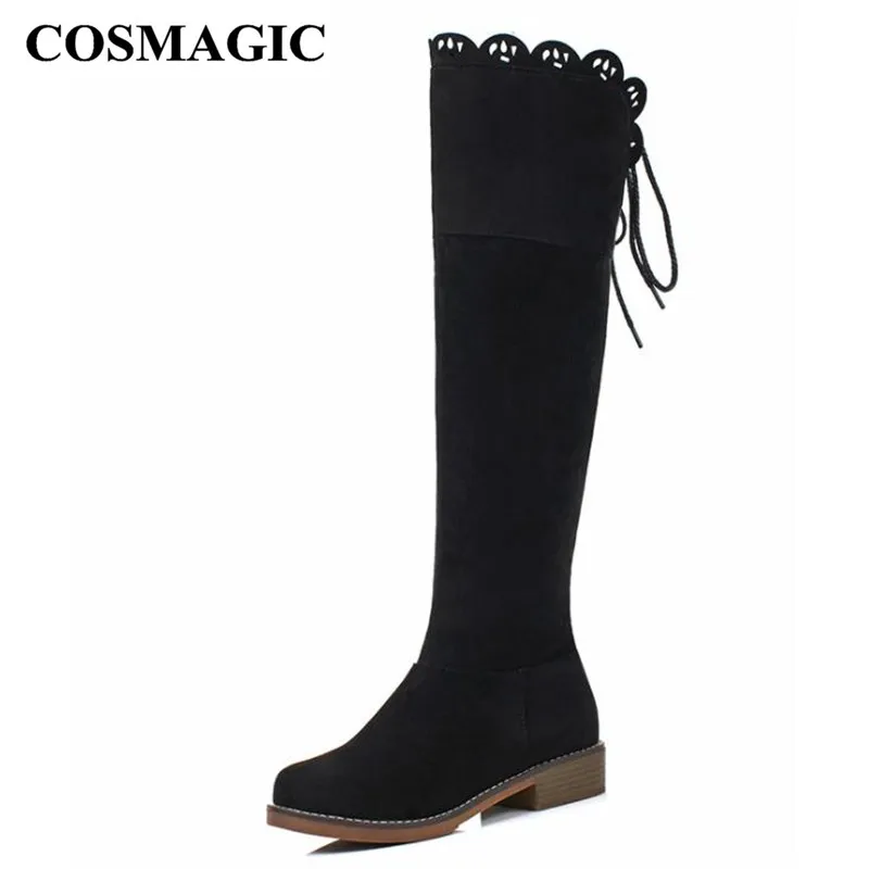 Женские сапоги до колена COSMAGIC черные из нубука с круглым носком на среднем