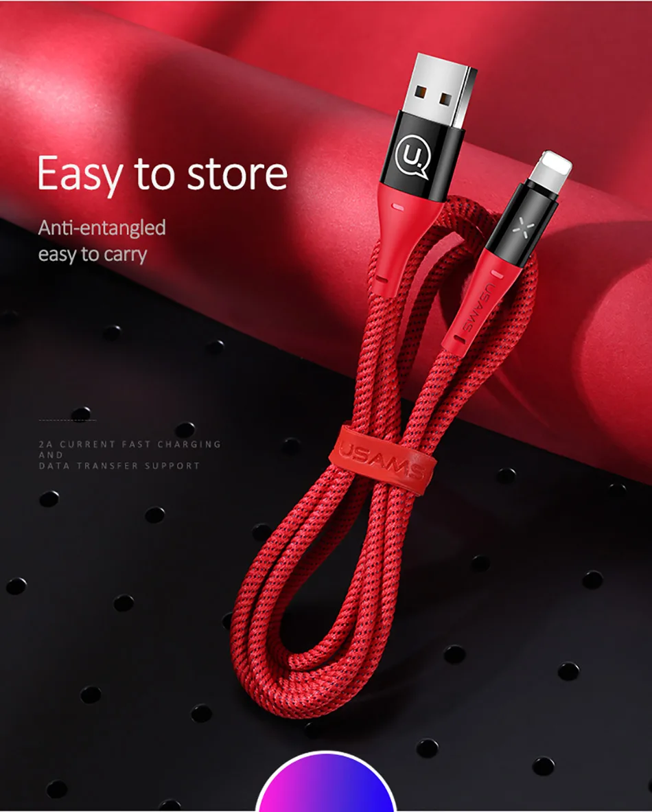 Мобильный телефон USB кабель для iPhone 6 6S кабель, USAMS 2A кабель для быстрой зарядки светодиодный светильник кабель синхронизации данных для iPhone X 8 7 6 5 5S SE 5c