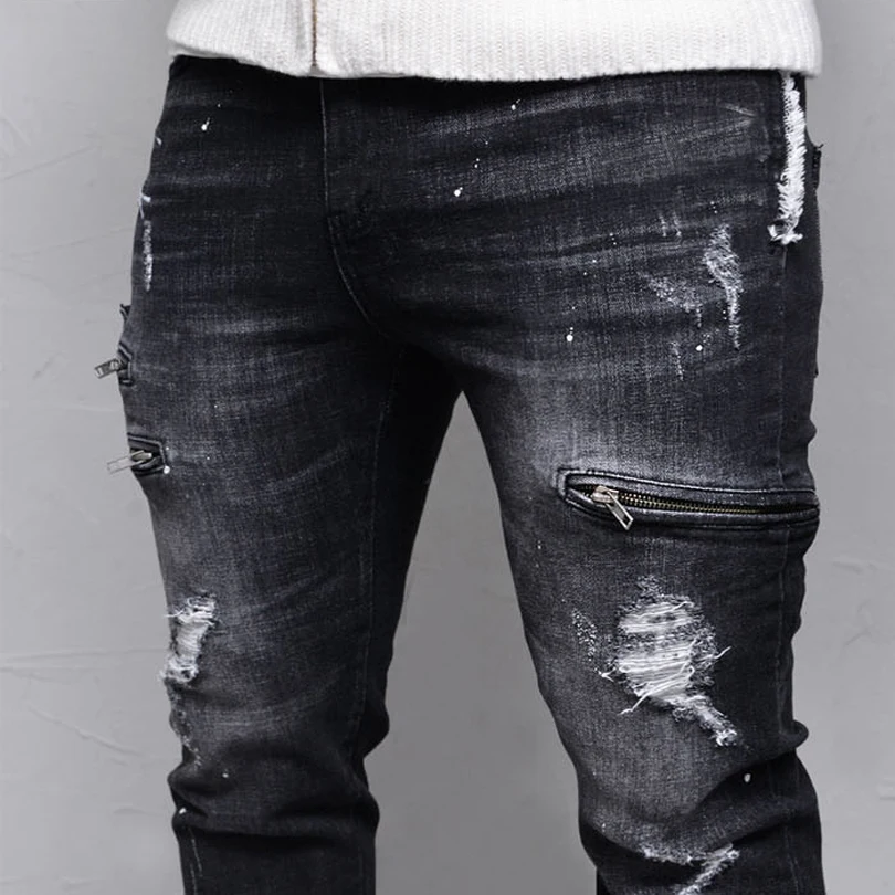 Рваные байкерские джинсы Мужские скинни мужские черные в стиле хип-хоп
