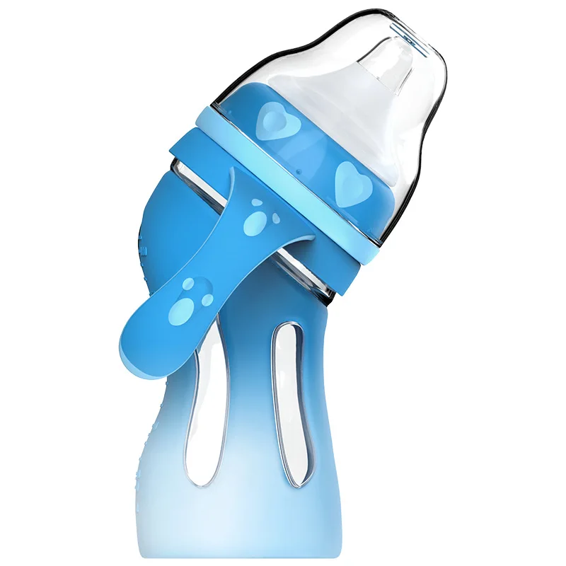 180ML Blue Детская стеклянная бутылка анти-падение силиконовый широкий калибр бутылочка для новорожденных изоляция интеллектуальный контроль температуры Бутылка - Цвет: 180ML Blue