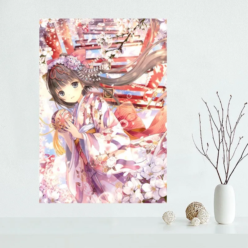 Красивое Аниме кимоно для девочек на заказ холст плакат рисунок искусство ткань