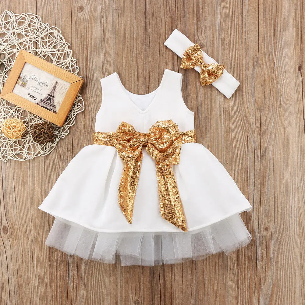 2018 Summer Sequin Dress Toddler Baby Girls Princess Bowknot A Line Mesh Headband Outfit Pageant Party Dresses 0-4T | Детская одежда и