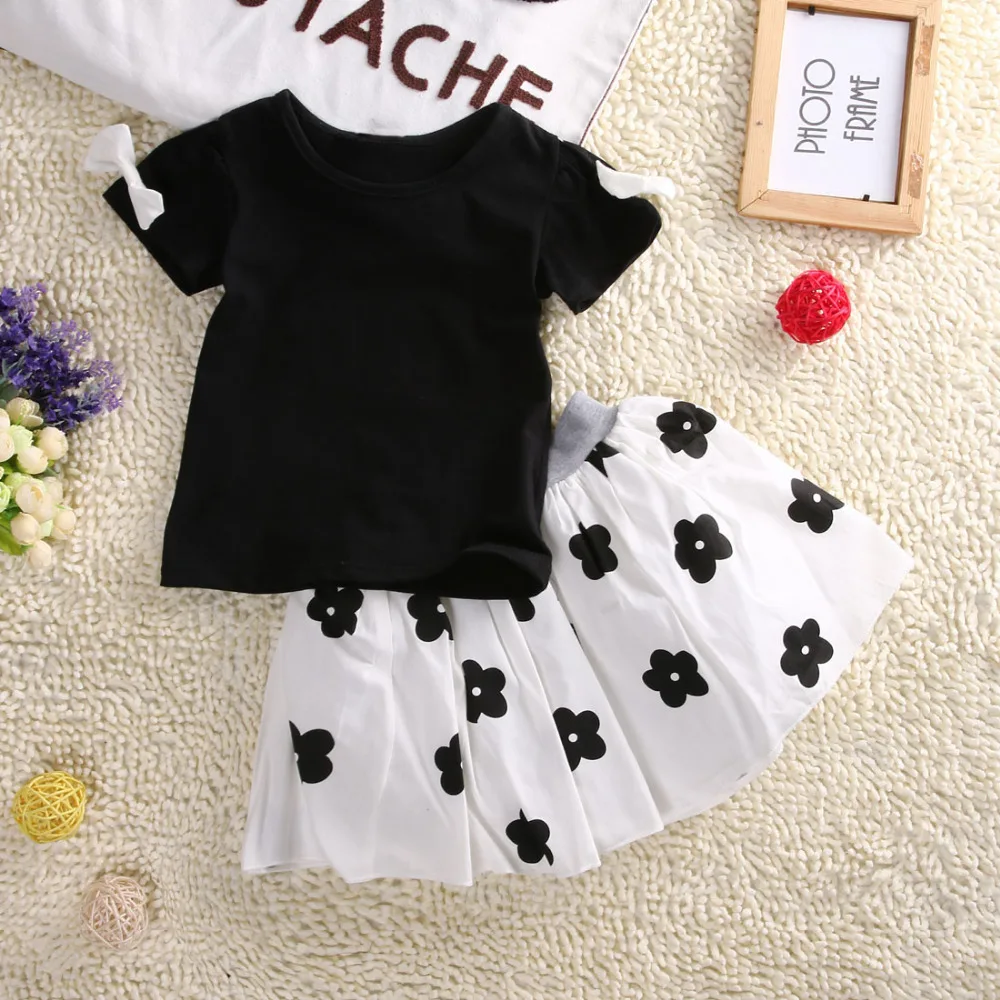 girls clothes summer 2018 Baby Girls Black Short Sleeve T Shirt+ Floral Skits Dress 2pcs Clothes Outfits Set | Мать и ребенок