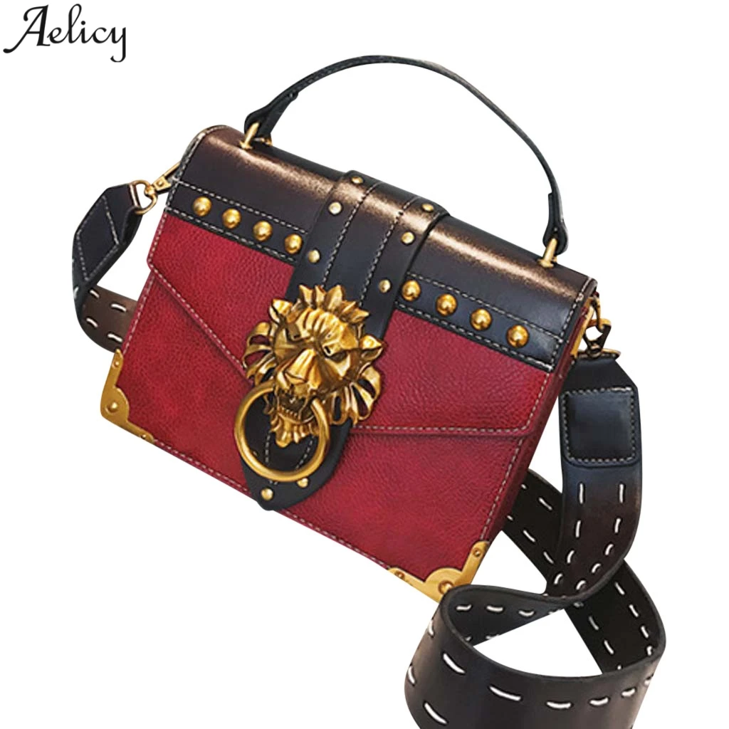 Aelicy, Женская Ретро сумка с заклепками, голова льва, из искусственной кожи, сумка-мессенджер, универсальная простая сумка на одно плечо, сумка через плечо, Новинка