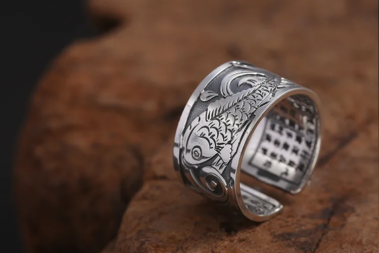 S999 изысканные серебряные ювелирные изделия Серебряное сердце Сутра кольцо Мужская широкая версия Карп хвост кольцо ретро тайские серебряные кольца