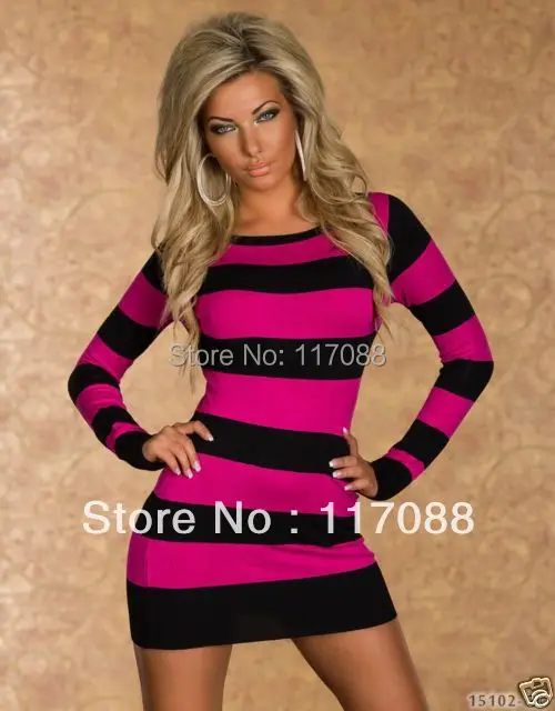 Free Shipping 2015 Newly Arrival ML17900 Sexy Long Sleeve Hot Colored Strips Dress Black and Rose Mini dress | Женская одежда