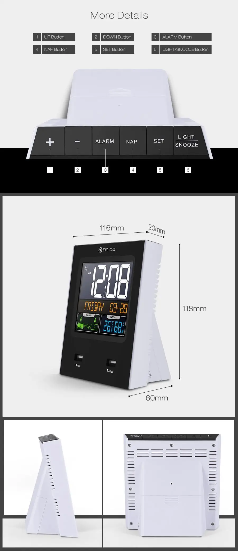 Digoo DG-C3X двойные сигналы повтора часы календарь+ 2 USB порта светодиодный подсветка Температура Влажность Метеостанция 12 ч/24 ч