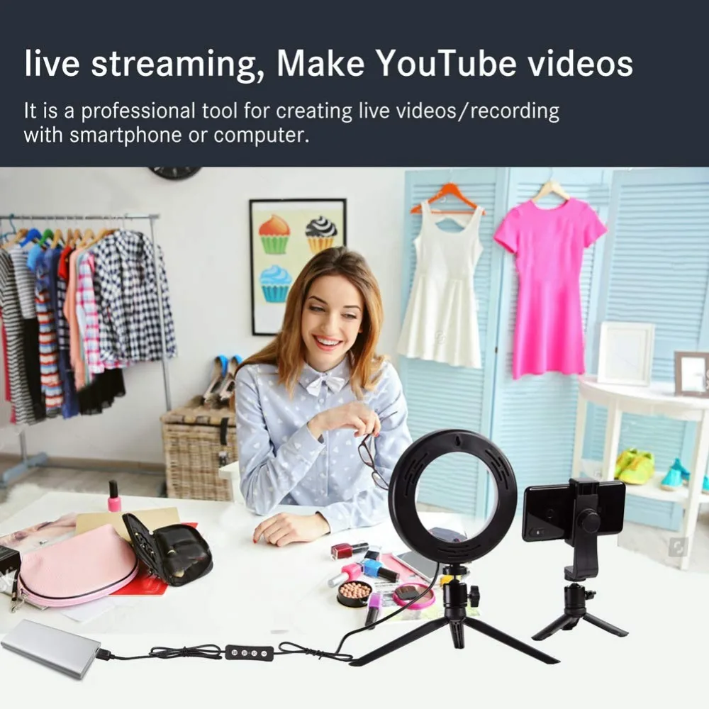 Цена Приглушаемая светодиодная кольцевая лампа со штативом, зеркало для макияжа и держатель для телефона, идеально подходит для Iphone/LG, комплект ...