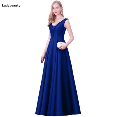 Синий Ladybeauty/Новинка, длинное вечернее платье трапециевидной формы с v-образным вырезом, бисером и открытой спиной, элегантные вечерние платья, быстрая - Цвет: Синий