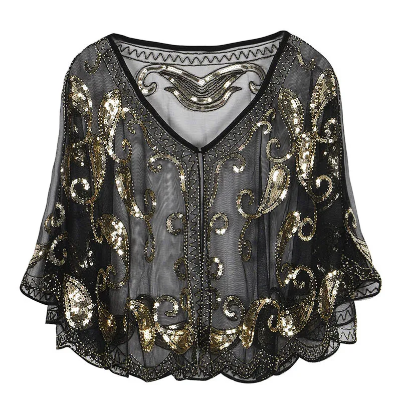 Black with gold Модные женские болеро, шаль с блестками, вечернее платье, накидка из бисера, элегантные вечерние шали - Цвет: Black with gold