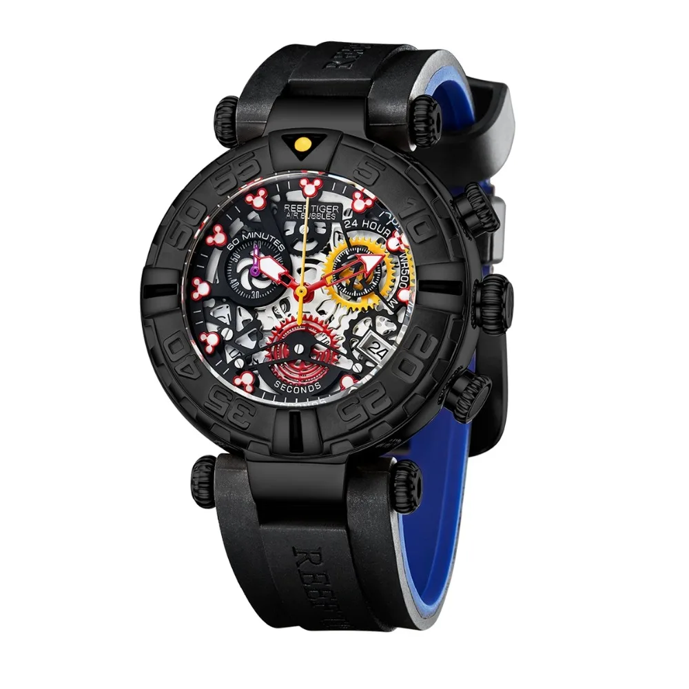 Риф Тигр RGA3059-S Для мужчин спортивный хронограф модные 10Bar Водонепроницаемый Skelet кварцевые наручные часы с резиновый ремешок для часов-черный