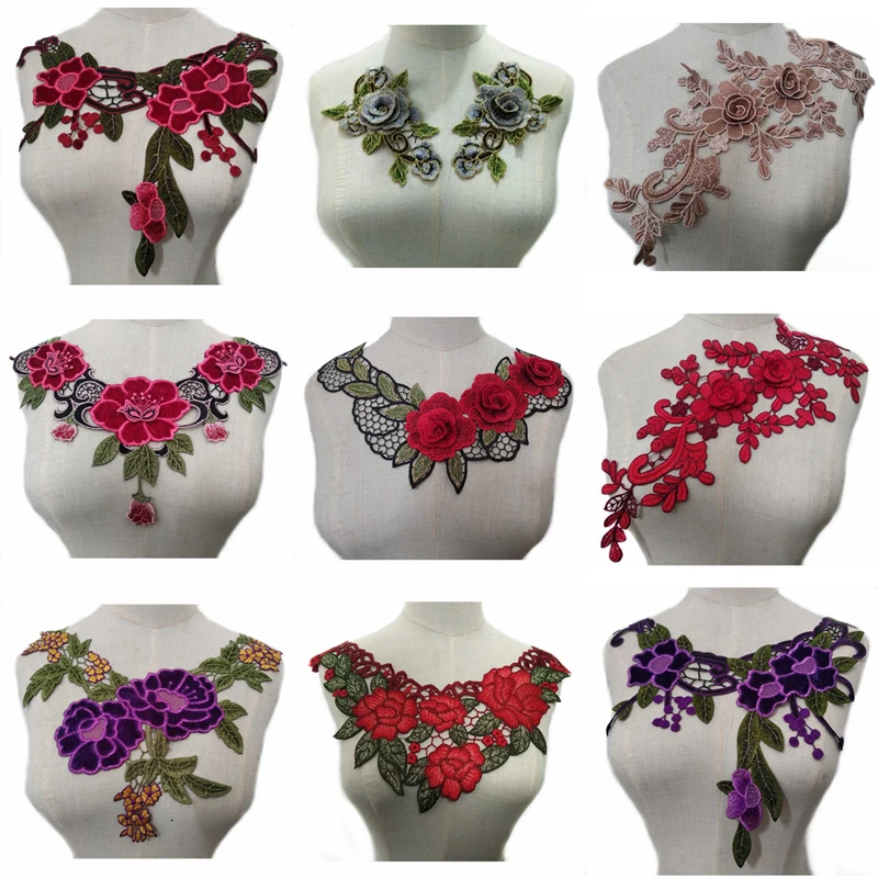 1 шт Красный фиолетового цвета с цветочным орнаментом и вышивкой кружевной воротник круглой горловиной