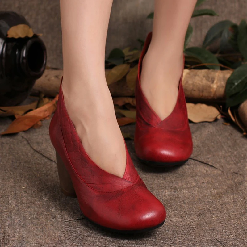 

2019 Retro Style Handmade Shoes Women Chunky Heel Pumps Round Toe High Heels Genuine Leather