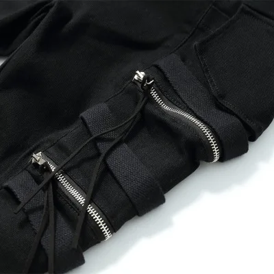 

Steampunk casual zipper pocket Black men's pants Black personality fashion cargo trousers elastic waist