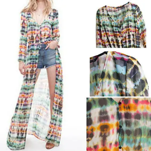 Free Shipping Women Ladies Multi Color Dip Dye Shirred Waist Chiffon Long Cardigan Sleeve Blouse Dress Drop shipping W518|dress design your own|dress