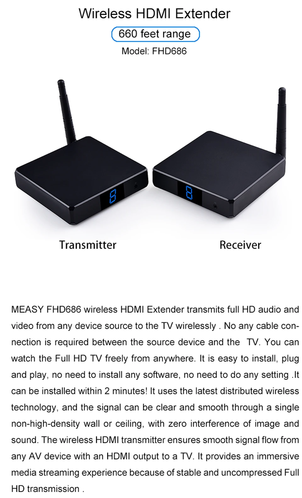 Measy FHD686 5,8 ГГц 200 м/660 футов беспроводной HDMI AV видео аудио передатчик приемник Удлинитель для ПК ТВ коробка DVD проектор