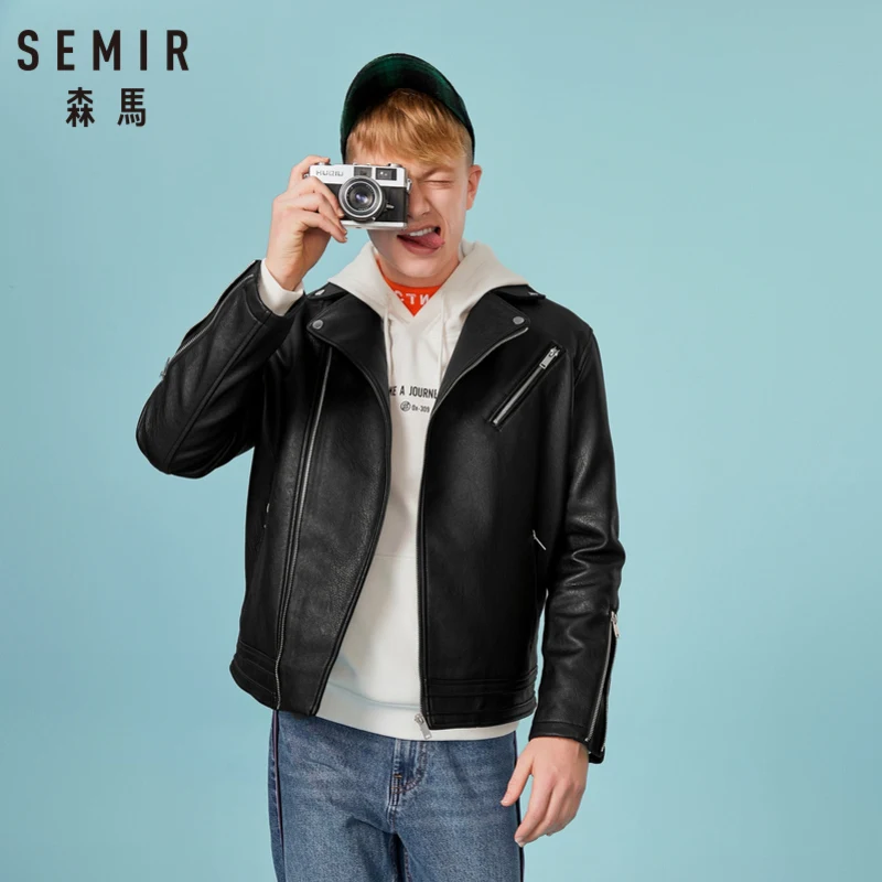 SEMIR Мужская байкерская куртка из искусственной кожи с длинными рукавами реглан, Мужская байкерская куртка с Диагональной молнией спереди, с карманом на молнии, на манжетах