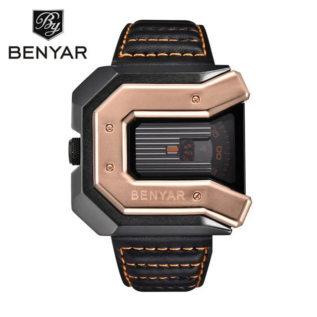 Gold orange BENYAR Брендовые мужские часы кварцевые кожаные военные спортивные наручные часы Роскошные деловые модные водонепроницаемые часы мужские часы - Цвет: Gold orange