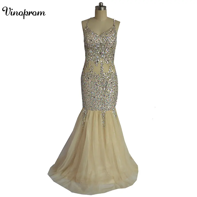 

New Sexy Evening Dresses Deep Spaghetti Strap V Neck Sequins Chiffon Long Champagne Evening Gowns Sheer Backless Prom Party