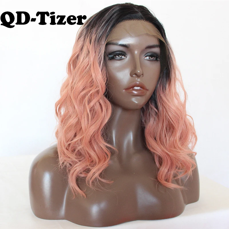 QD Tizer Ombre розовый цвет свободная волна синтетический парик фронта шнурка короткие