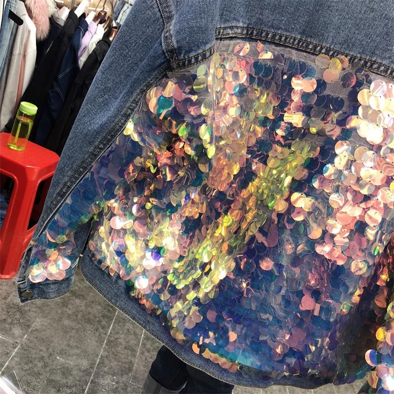 Яркая джинсовая куртка с блестками Европейская модная короткая женская отложным