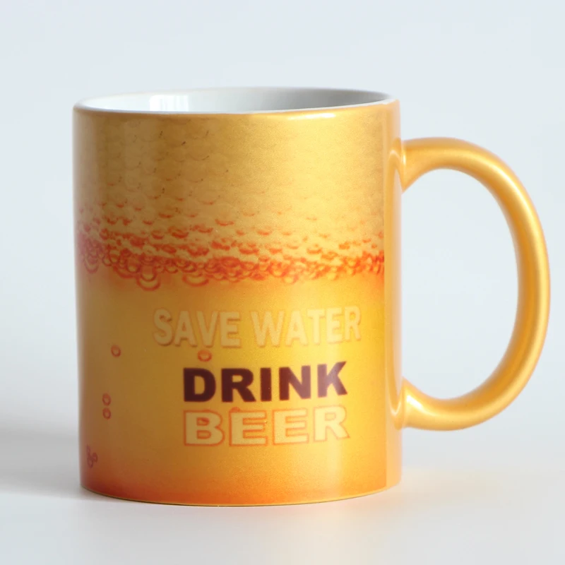 

New Gold color ceramic coffee Mug tea Milk cup mugs print with save water dring beer surprised gift