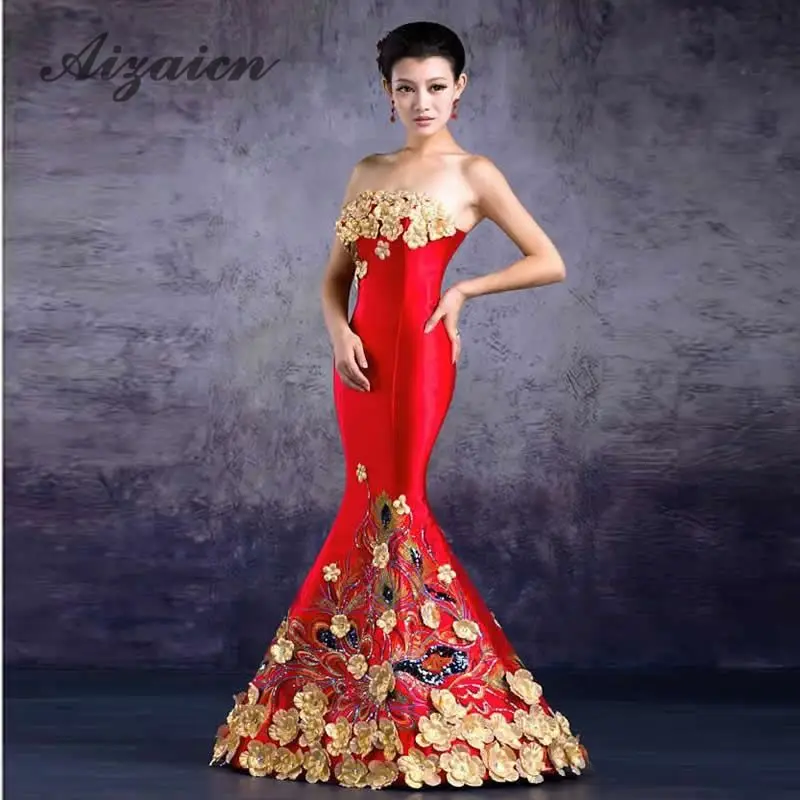 Красное традиционное китайское свадебное платье в стиле русалки Cheongsam, женское платье, элегантное вечернее платье в виде рыбьего хвоста, цветочное сексуальное платье без бретелек