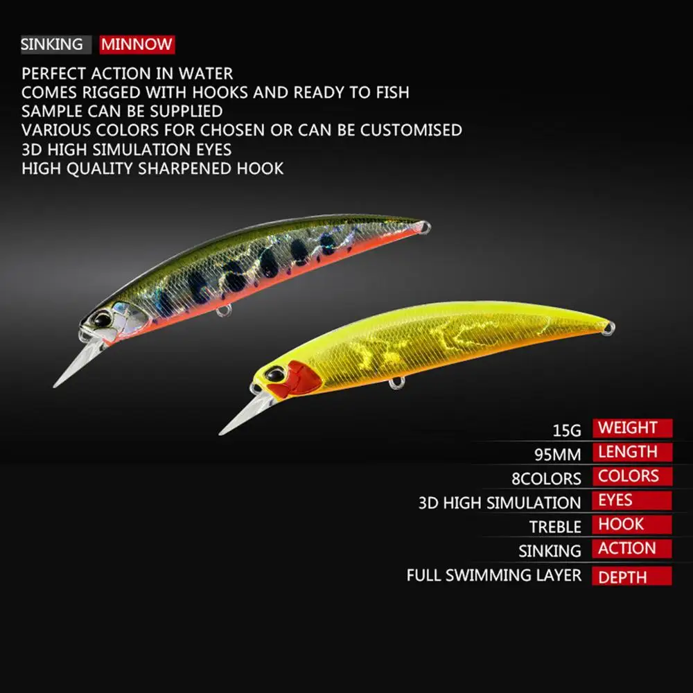 

9.5cm 15g 8-Colors Sinking Bionic Laser Minnow Lure Artificial Bait Hard Bait Weever Special Fishing Lure Wobbler